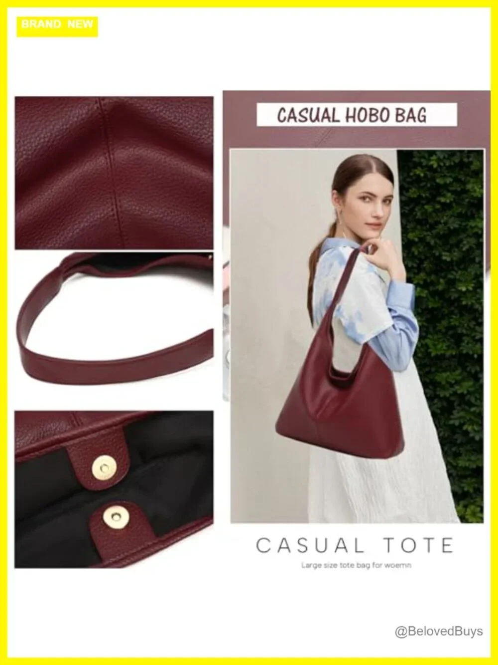 Slouchy Hobo Bag Shoulder Bag Faux Leather Tote Purse Work Travel
